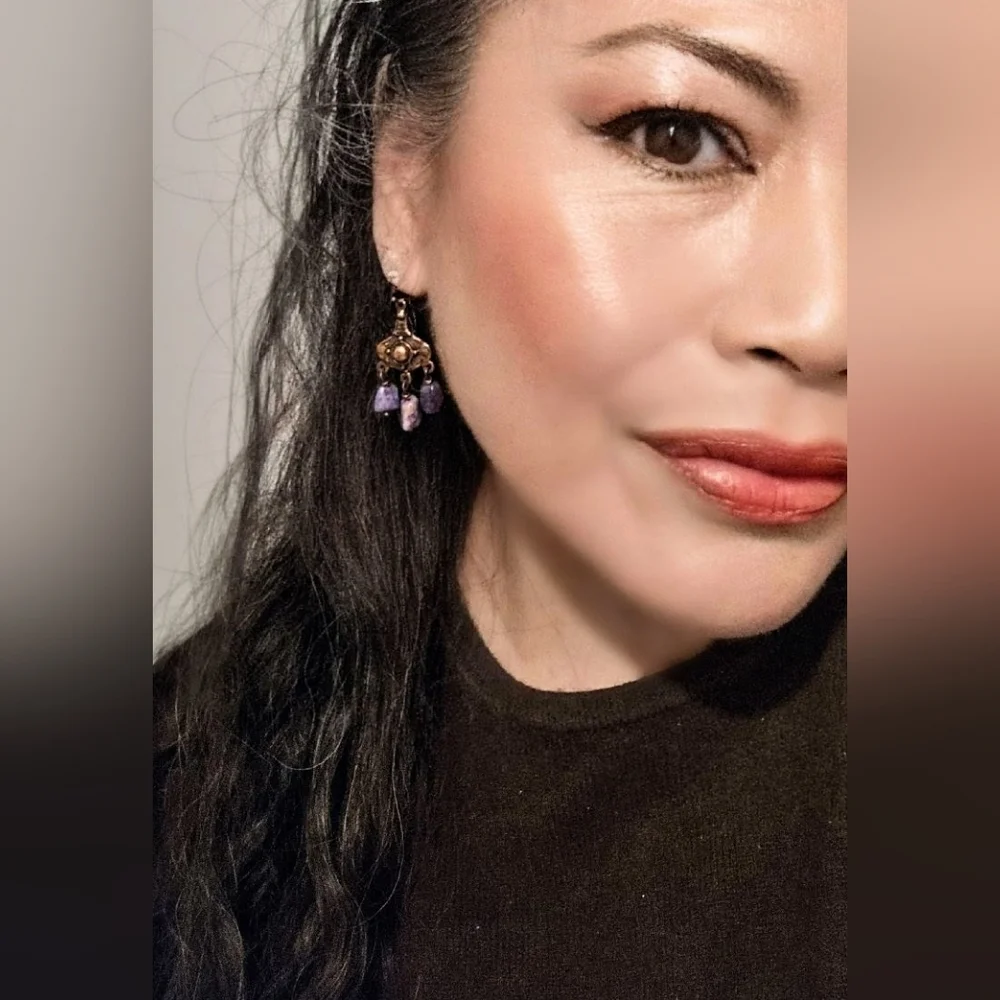 Steppe Warrior's Purple Siberian Charoite In Rugged Antique Copper Earrings - Picture 8 of 8